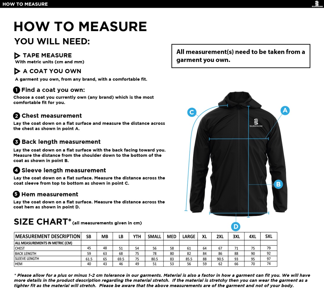 Warwick University Staff Society - Training Jacket Black - Size Guide