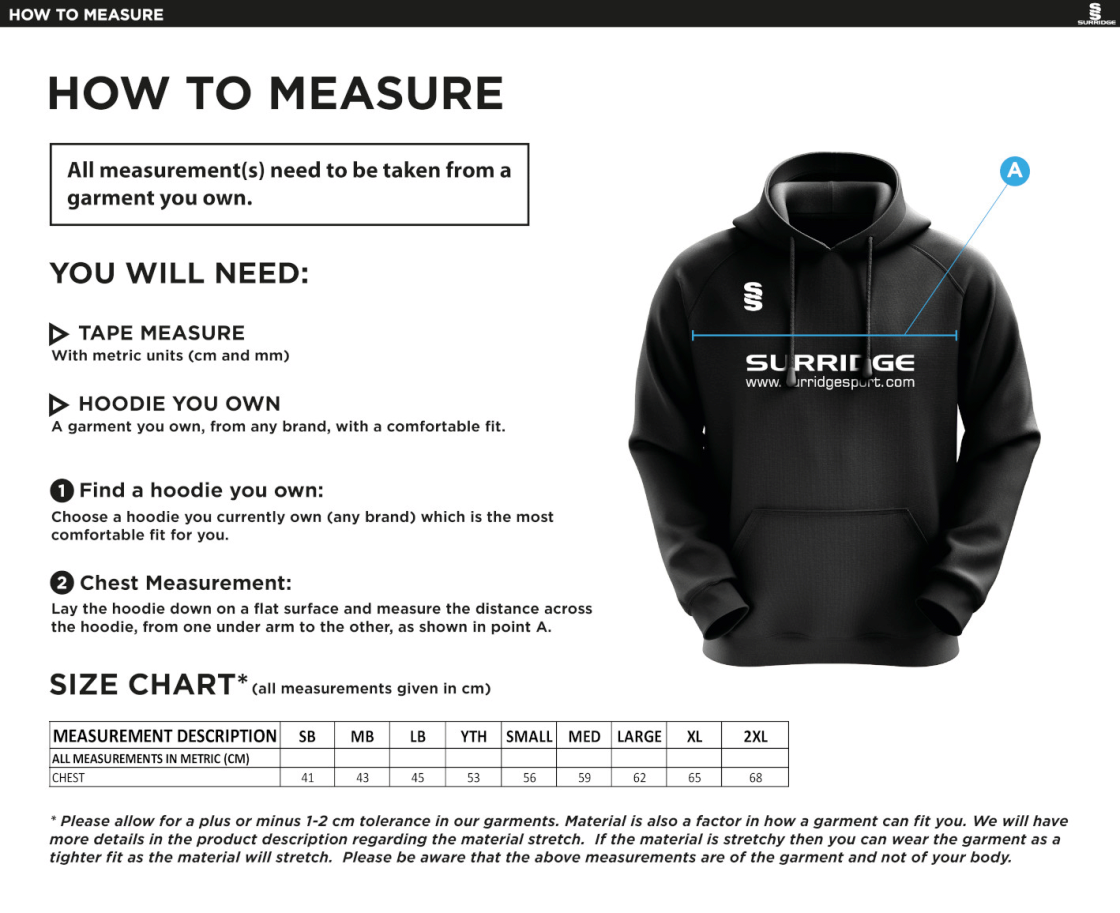 Warwick University Staff Society - Blade Hoody Black/Red/White - Size Guide
