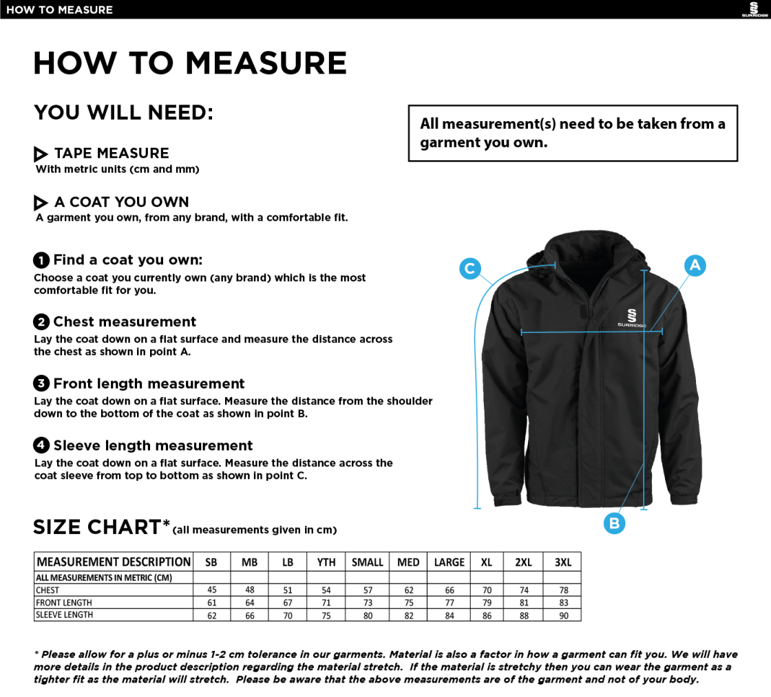 Warwick University Staff Society - Fleece Line Jacket - Black - Size Guide
