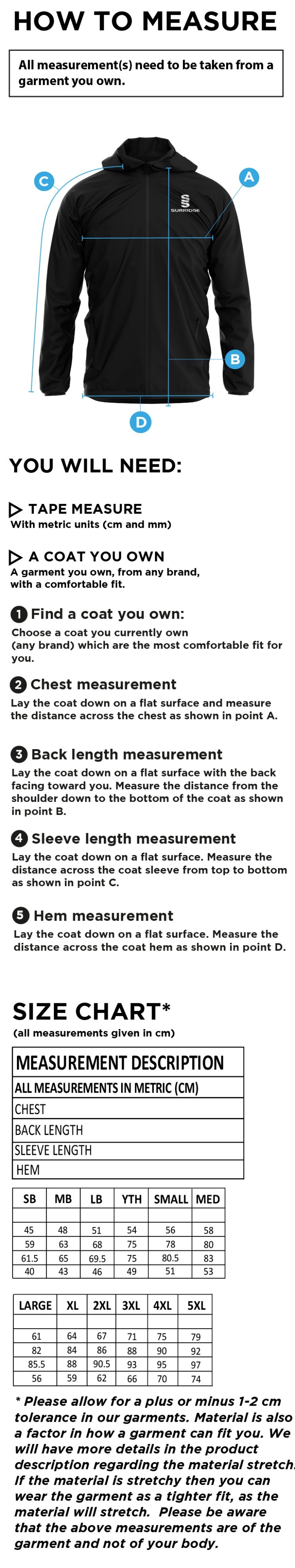 Warwick University Staff Society - Training Jacket Black - Size Guide