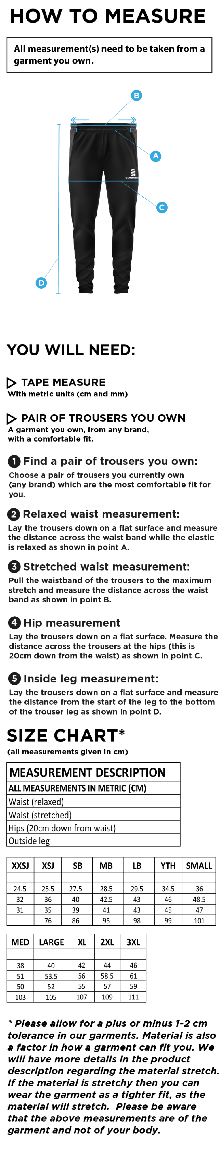 Warwick University Staff Society - Tek Slim Pant Black - Size Guide