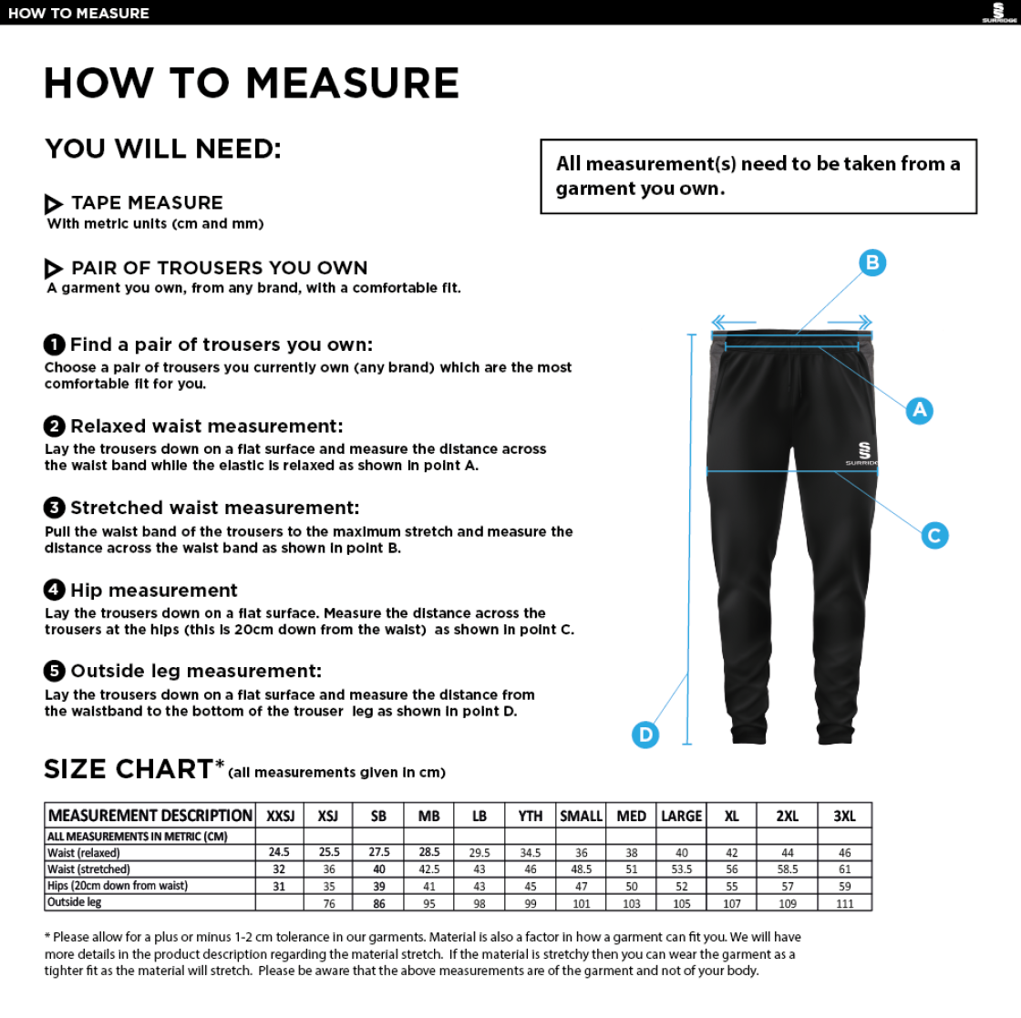 Warwick University Staff Society - Tek Slim Pant Black - Size Guide