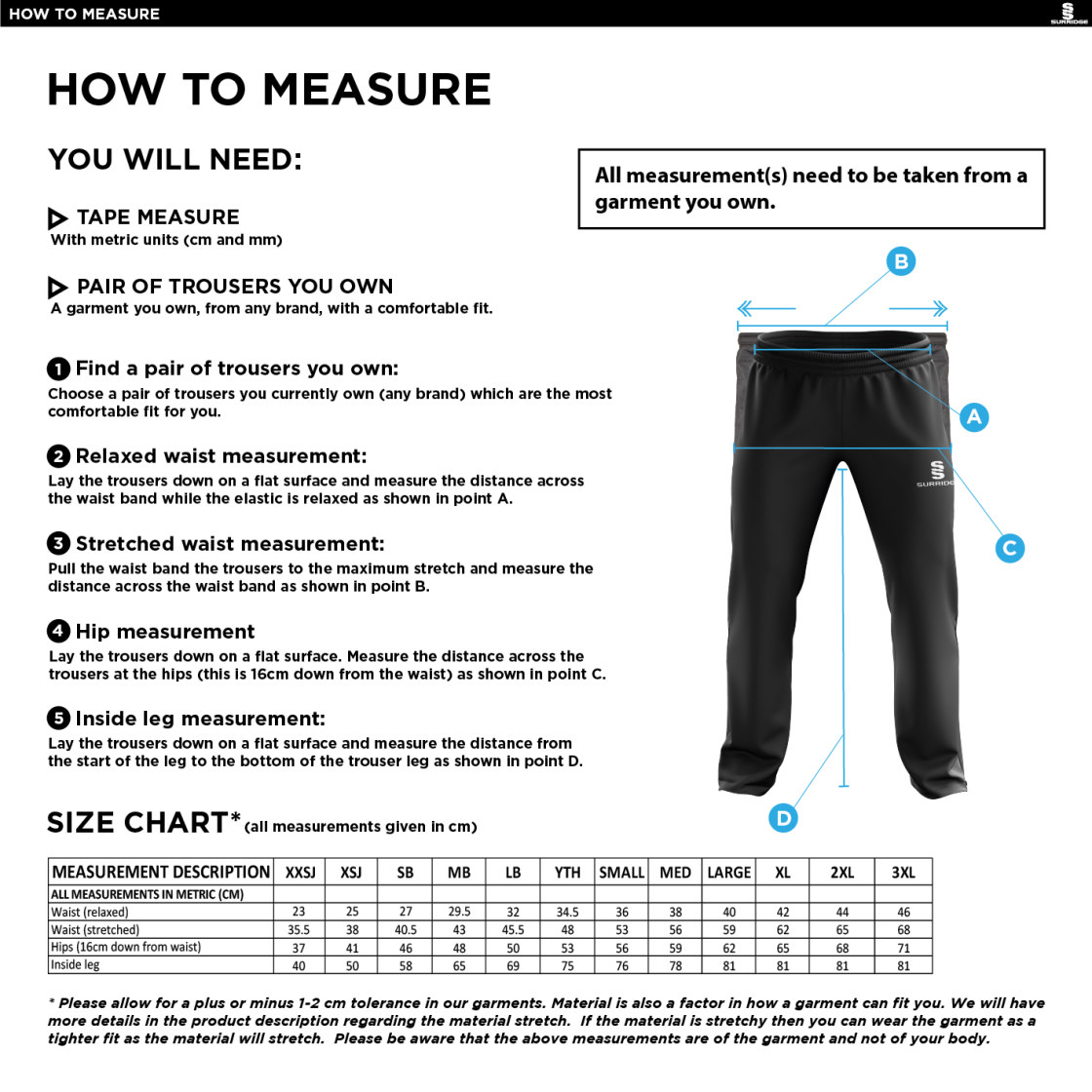 Warwick University Staff Society - Poplin Track Pant Black - Size Guide